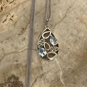 Sterling Silver 925 SLC Blue Topaz Marcasite Teardrop Pendant Necklace 18" Chain